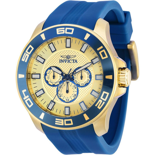 Reloj Invicta 36609 Men's Pro Diver 50 Mm Silicona De Cuarz Color de la correa Azul Color del bisel Acero inoxidable Color del fondo Dorado