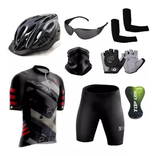 Kit Ciclismo Conjunto + Capacete + Luvas + Óculos + Manguito