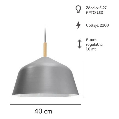 Colgante Campana 40cm Plata Con Madera Apto Led E27 Deco Fz