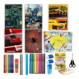 Kit 5 Cadernos Brochura +caderno De Artes +acessórios Menino