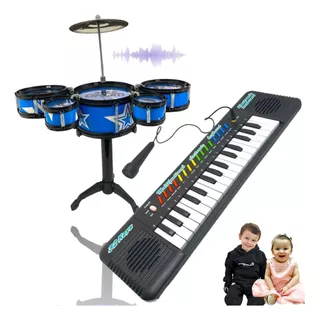 Kit Musical Infantil Mini Bateria Com Banquinho + Teclado Nf