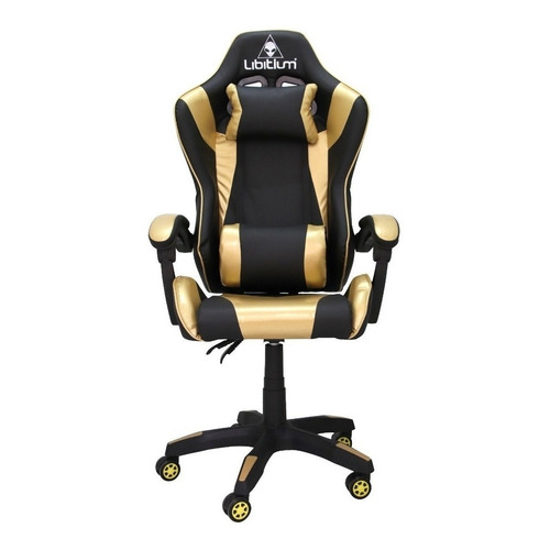 Silla de escritorio Libitium Gamer ergonómica  negra y dorada con tapizado de cuero sintético