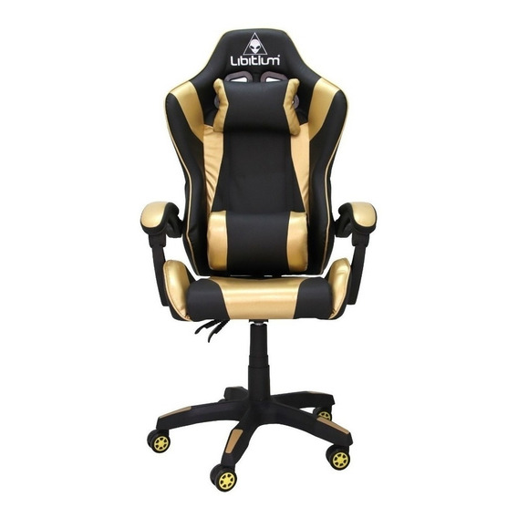 Silla de escritorio Libitium Gamer ergonómica  negra y dorada con tapizado de cuero sintético