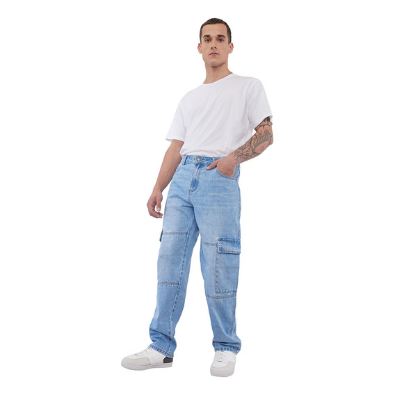 Jeans Hombre Straight Fit Azul Claro Cargo Corona