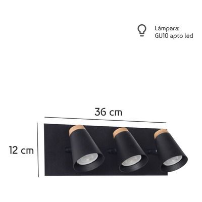 Aplique 3 Luces Eleanor Negro Con Madera Base Apto Led Mks