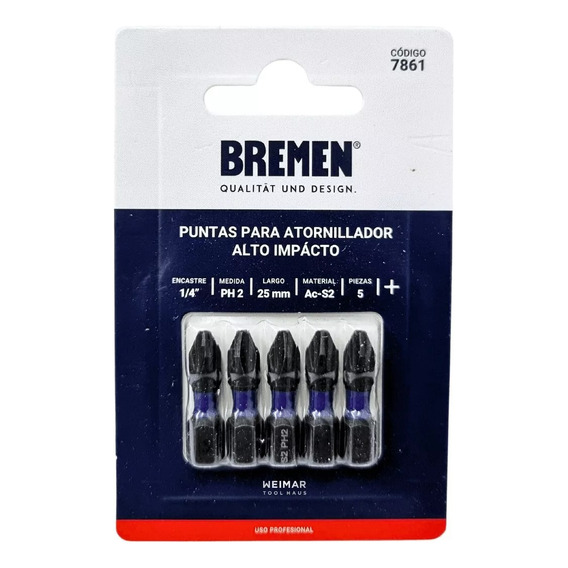 Set Puntas Atornillador Impacto Bremen Ph2 X 25mm 5u 7861