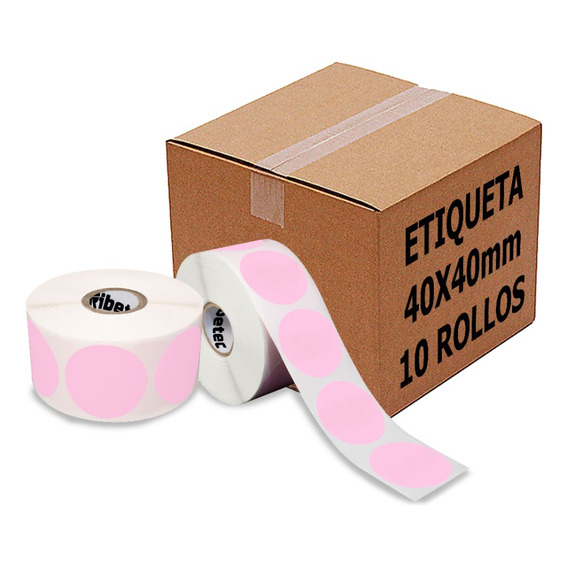 10 Rollos Etiqueta Rosa Circular Térmica 40x40 Mm 1000 Pz Cu