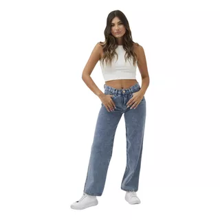 Jean Rigido Tiro Medio Mujer Wide Leg Celeste Verano