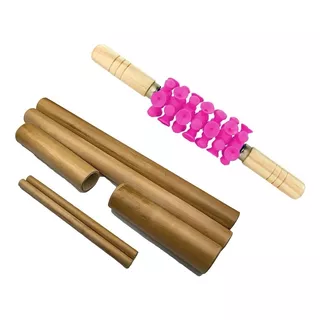 Kit Bambu + Rolo Massagem Turbinada Modeladora Bambuterapia Cor Pink