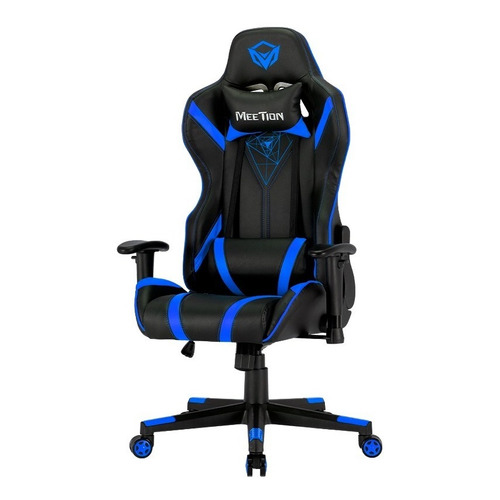 Silla de escritorio Meetion CHR15 MT-CHR15 gamer ergonómica  negra y azul con tapizado de cuero sintético