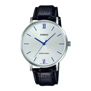 Reloj Pulsera Casio Dress Mtp-vt01 De Cuerpo Color Plateado, Analógico, Para Hombre, Fondo Plateado, Con Correa De Cuero Color Negro, Agujas Color Azul, Dial Azul, Bisel Color Plateado Y Hebilla Simpl