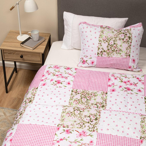 Cubrecama Cobertor 1,5 Plaza Quilt Estampado Reversible Set Color Parches Rosa