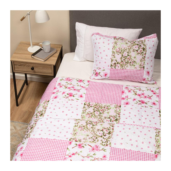 Cubrecama Cobertor 1,5 Plaza Quilt Estampado Reversible Set Color Parches Rosa