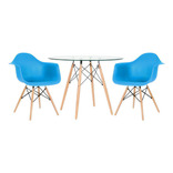 Mesa Eames Com Tampo Vidro 100 Cm + 2 Cadeiras Eiffel Daw Cor Azul-céu