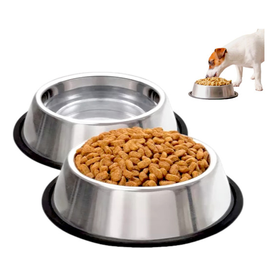 Set 2 Platos Comedero Para Perros Acero Antiderrapante 24oz