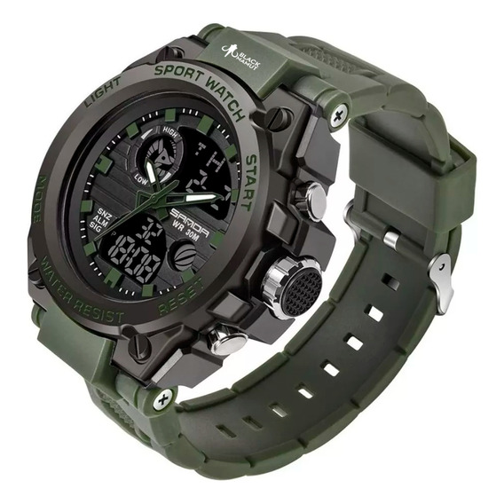 Reloj de pulsera Sanda top tean 739 de cuerpo color negro, analógico-digital, para hombre, fondo negro, con correa de poliuretano color verde ejército, agujas color verde ejército y blanco, dial verde