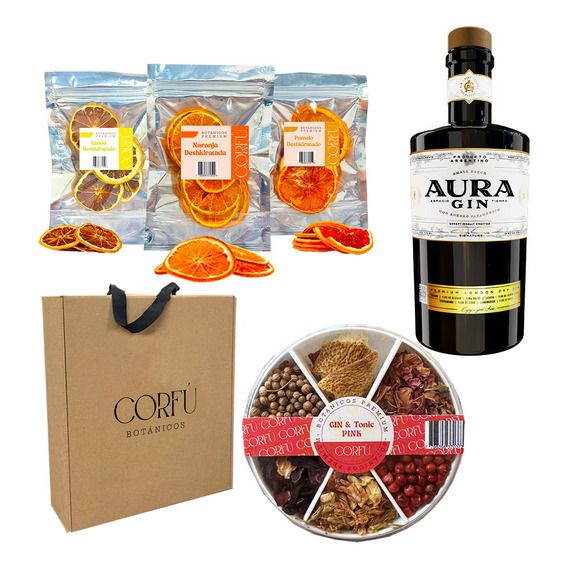 Kit Regalo Gin Aura + Botánicos Corfú X6 + Cítricos Premium