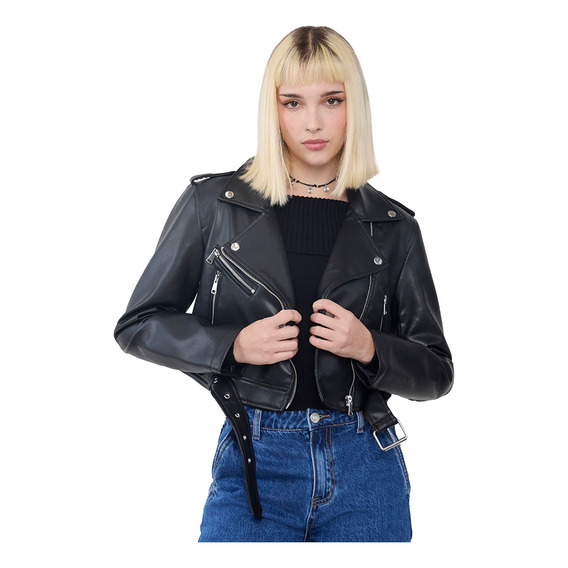 Biker Mujer Ecocuero Crop Negro Corona