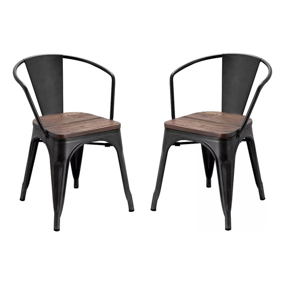 Butaca Silla Tolix Metal Posabrazos Madera Comedor Set X2 Estructura de la silla Negro Asiento Marrón oscuro