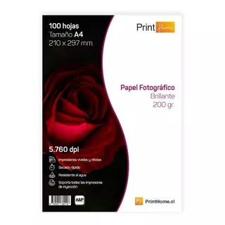 Papel Fotográfico, Printhome, 200gr Brillante A4x100hjs