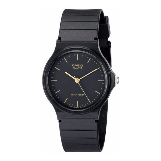 Reloj de pulsera Casio Collection MQ-24 de cuerpo color negro, analógico, fondo negro, con correa de resina color negro, agujas color dorado, dial dorado, minutero/segundero dorado, bisel color negro 