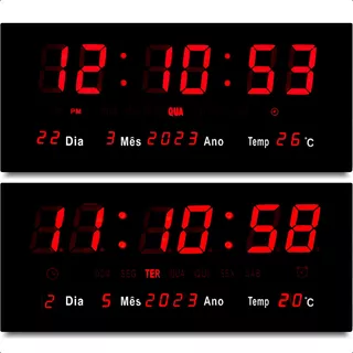 Kit 2 Relógio De Parede Grande Led Digital Termômetro Data