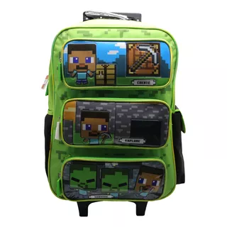 Mochila Escolar Minecraft Personajes Con Carro Mi309- Cresko Color Verde Diseño De La Tela Liso