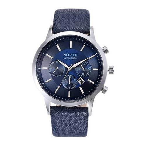 Reloj pulsera North 6009 con correa de cuero color azul - bisel plateado