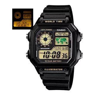 Reloj De Pulsera Casio Digital Ae-1200 De Cuerpo Color Negro, Digital, Fondo Negro, Con Correa De Resina Color Negro, Dial Negro, Subesferas Color Amarillo Y Negro, Minutero/segundero Negro, Bisel Col