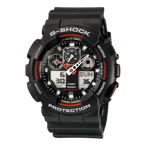 Reloj pulsera Casio G-Shock GA100 de cuerpo color negro, analógico-digital, para hombre, fondo negro, con correa de resina color negro, agujas color blanco y rojo, dial gris y blanco, subesferas color negro y gris, minutero/segundero blanco, bisel color negro y rojo y hebilla doble