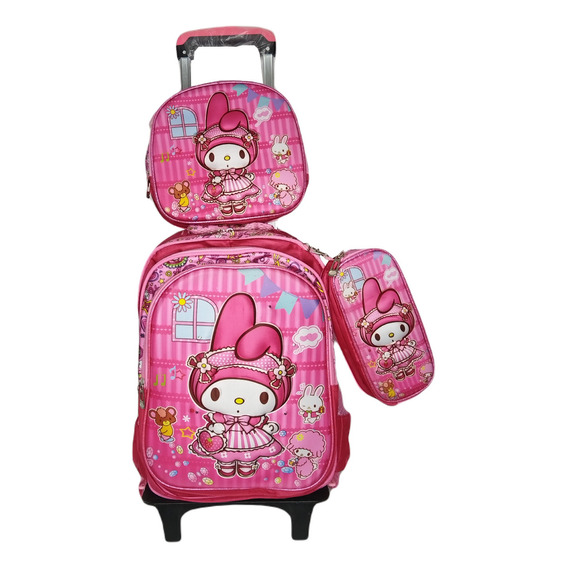 Mochila 3d Con Luz Hello Kitty En Combo Lapicera + Lonchera+carrito