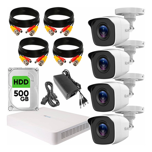 Hilook Kit de Video Vigilancia Turbo HD 4 Cámaras Metálicas 720p Disco Duro de 500 GB + Accesorios Cámaras de Seguridad de Alta Resolución con Visión Nocturna CCTV