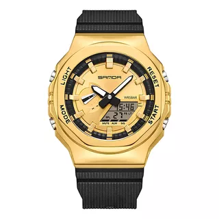 Relógio Masculino Digital-analógico Social Esportivo Militar Correia Preto Bisel Dourado Fundo Dourado