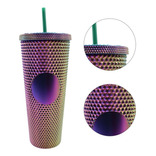 Termo Tumbler Vaso Studded Plastico Popote 700 Ml Colores Color Morado-Verde Tornasol