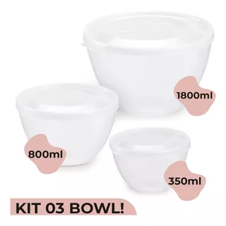 Kit 3 Bowl De Plástico C/ Tampa Corpo Transparente Bpa Free