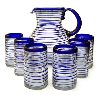 Set De Jarra Bola Grande Con 6 Vasos Para Agua (8x13cm) Espiral Y Borde De Color - De Vidrio Soplado