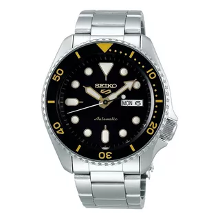 Reloj Seiko 5 Srpd57 K1 Automático Acero Color De La Malla Plateado Color Del Bisel Negro Color Del Fondo Negro