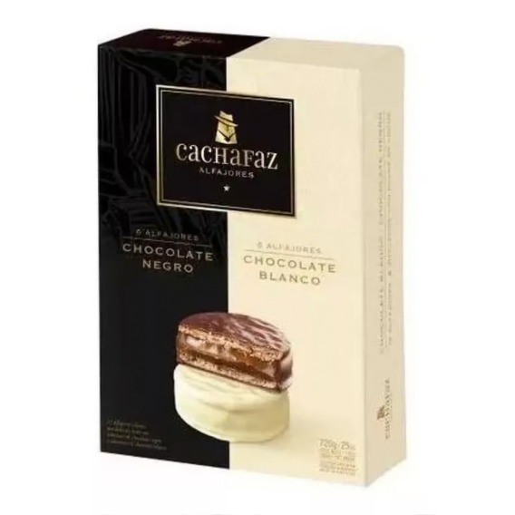 Alfajores Rellenos Con Dulce De Leche Cachafaz Mixto Caja 12 Unidades Con 6 Bañados En Chocolate Negro + 6 Bañados En Chocolate Blanco Ideal Para Regalar