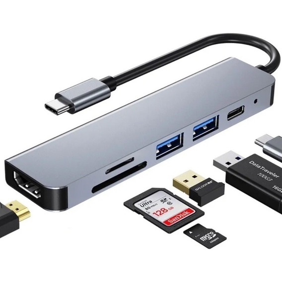 Hub Adaptador Usb-c 6 En 1 (hdmi,2x Usb 3.0, Tf, Sd, Usb-c)