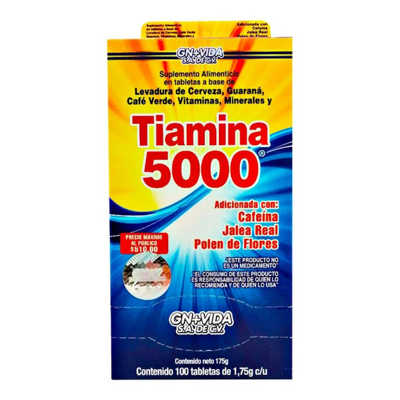 Tiamina 5000 Cafeína Jalea Real Guaraná 100 Tabletas Gn+vida