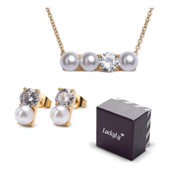 Joyería Mujer Oro 18k Fina, Set Collar Aretes Perlas Luckyly
