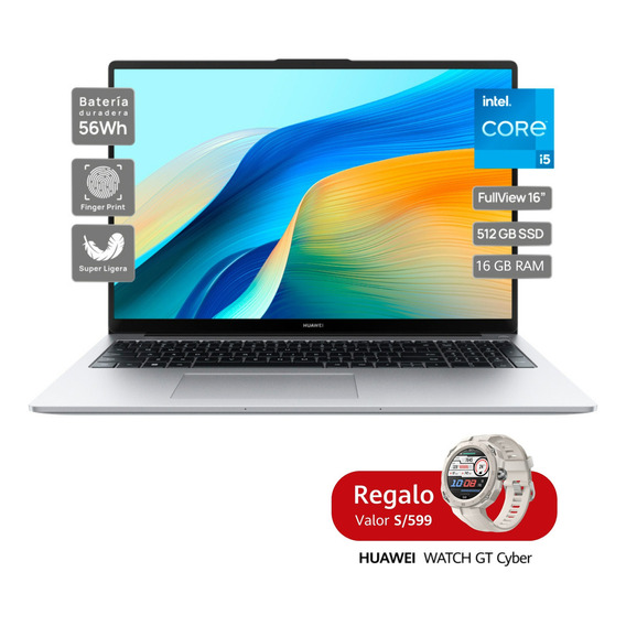 Laptop Huawei Matebook D16 2024 I5 12va Gen Serie H 16+512gb Color Plateado