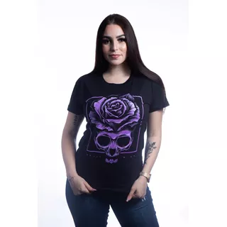Blusinha Purple Skull Babylook Feminina Caveira Banda Rock 