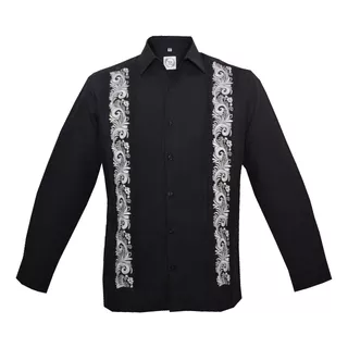 Guayabera Yucateca Negra De Lino Modelo Branch Manga Larga