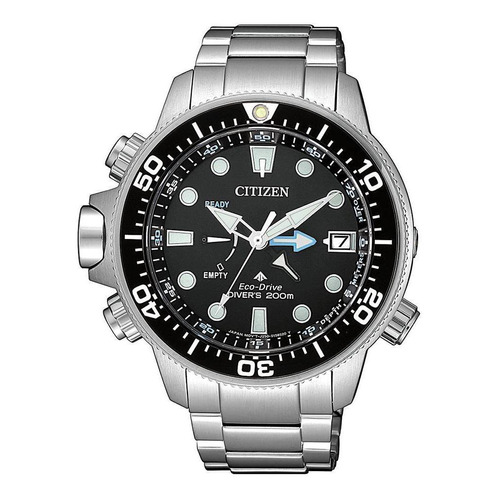 Reloj pulsera Citizen BN203 con correa de metal color plateado - fondo negro