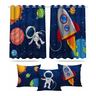 Kit Cortina Infantil Astronauta Menino + 3 Capas Almofadas