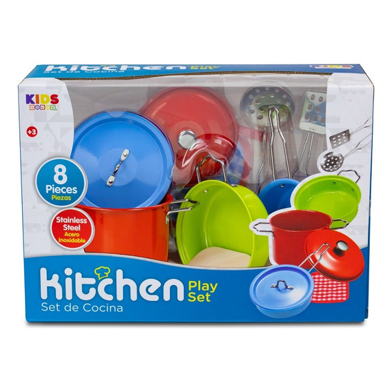 Kids House Set de Ollas de Juguete, Juego de Bateria para Niños Y Niñas, Accesorios para Cocinita, Juego de ollas y Sartenes de Acero Inoxidable con 8 Piezas (Multicolor)