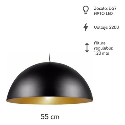 Luz Desing Campana 55cm Negro Cobre Colgante Led E27 220v.