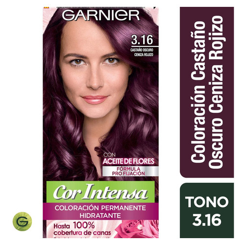 Decolorante Garnier  Coloración Tintura cor intensa 3.16 castaño oscuro ceniza rojizo tono 3.16 castaño oscuro ceniza rojizo