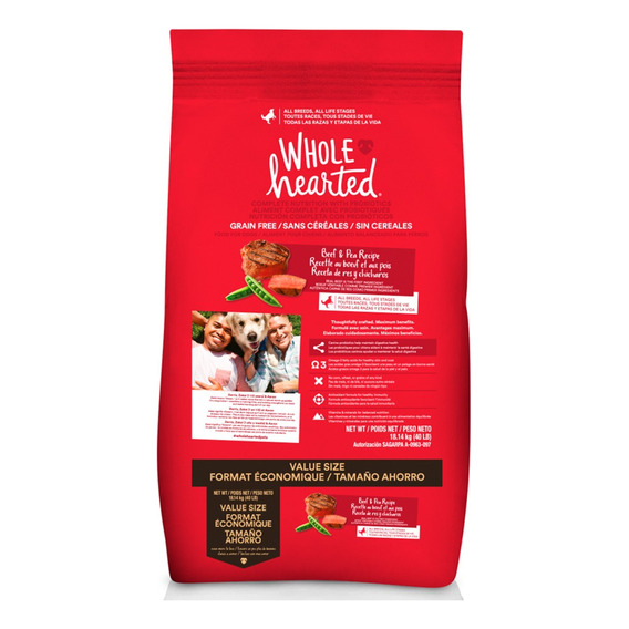 Alimento Natural Wholehearted Perro Res Y Chícharo 18kg